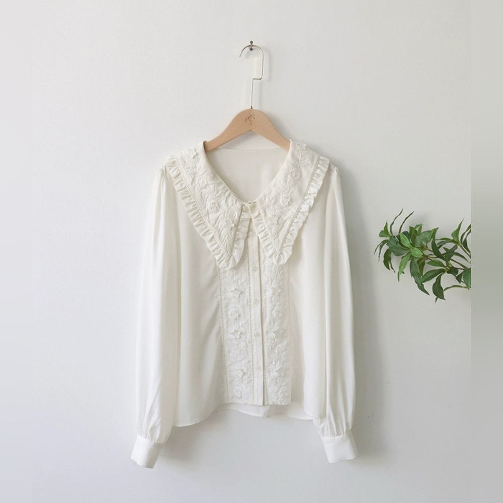 Embroidered Silk Blouse with Ruffle Trim Collar